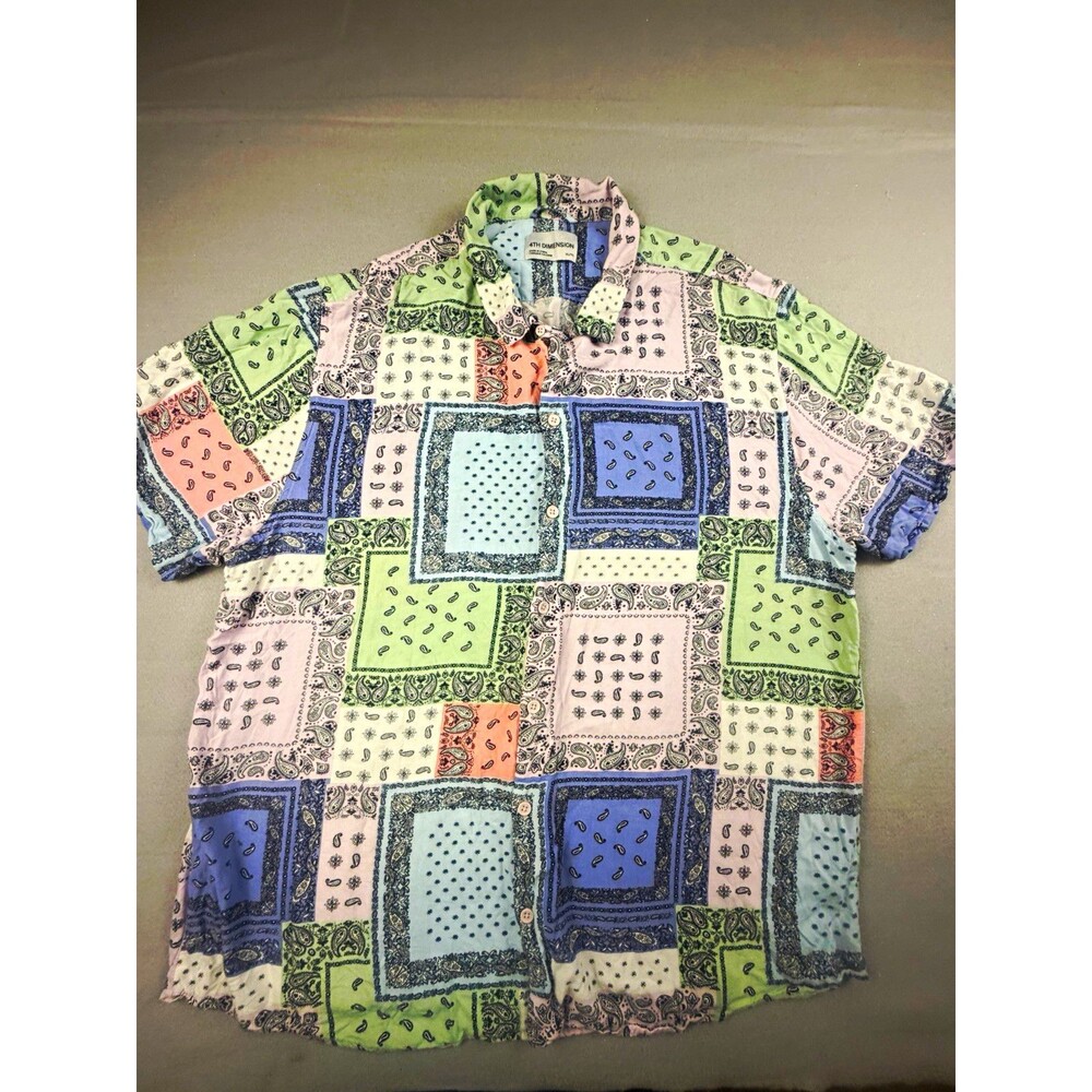4TH DIMENSION Men's Rayon Paisley Multicolor Short Sleeve Button-Up Shirt XL